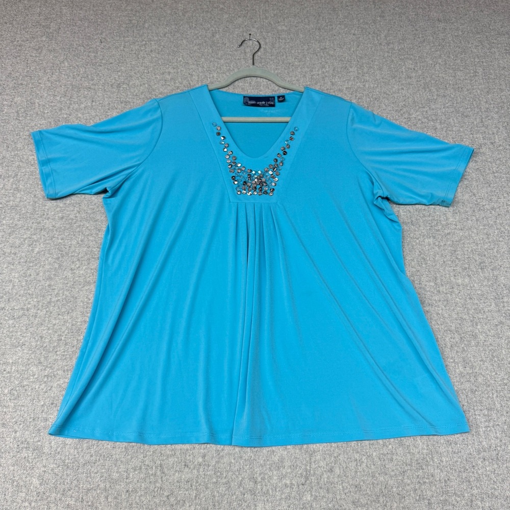 Susan Graver Embellished V-Neck Tunic Top 1X Turquoise Blue Beaded Pleated Shirt